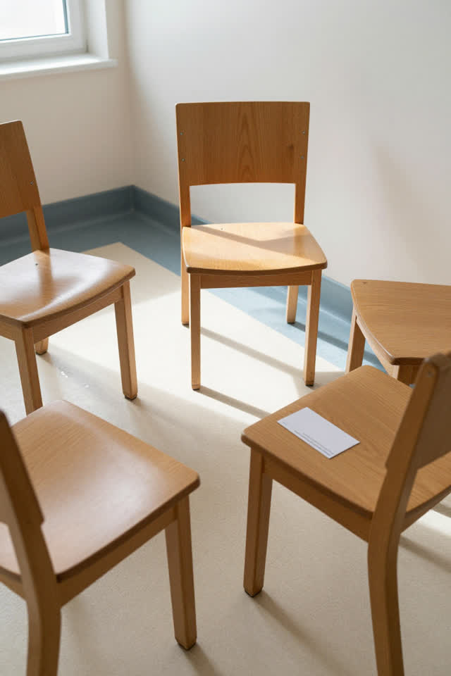 Medium-wide overhead-oblique crop of a bright community clinic waiting area after rain; three plain wooden waiting chair