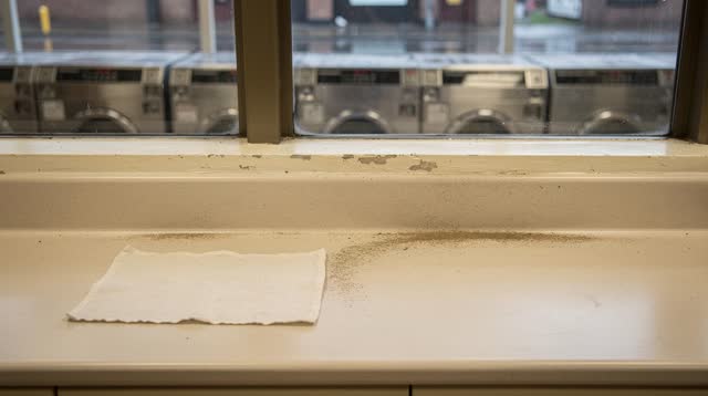 Medium-wide horizontal crop inside a public laundrette folding area after rain; the room is dry, with wet street light v