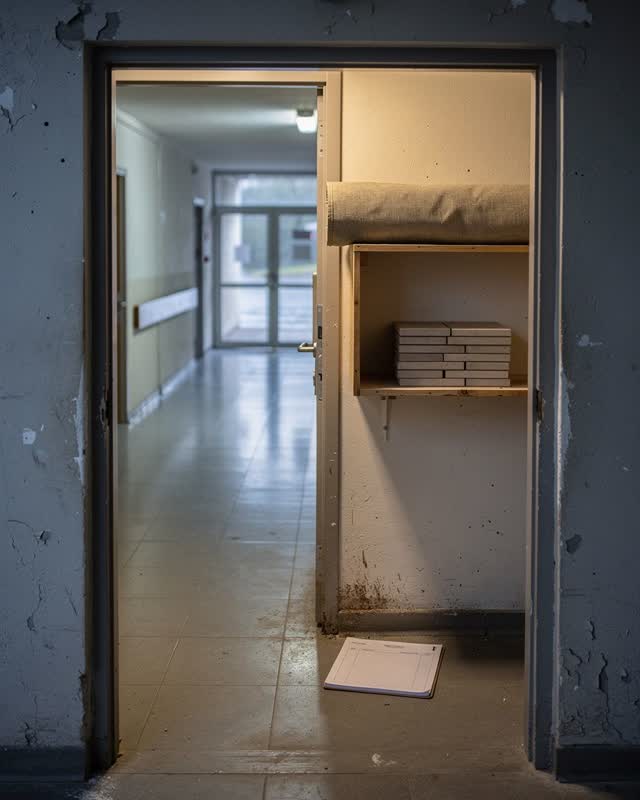 Medium-wide doorway view of a civic repair closet opening onto a public corridor after rain; the closet is dry and spare