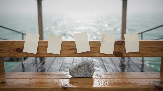 Airy wide crop on a covered ferry waiting porch after rain; the foreground porch is dry while wet ferry planks and green