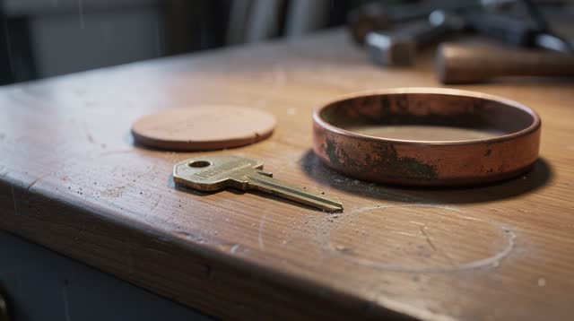 Medium-close oblique crop on a public tool-library key counter after rain, focused on one worn brass key resting off-cen
