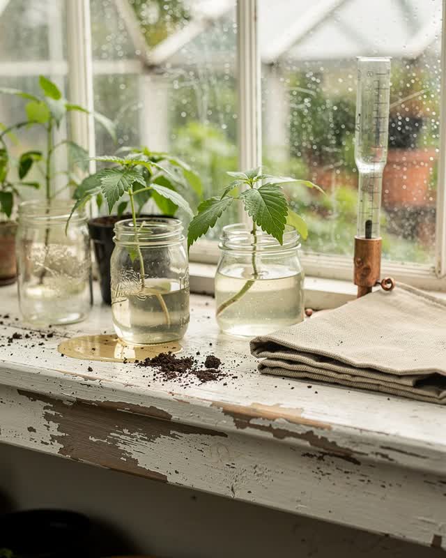 Medium-wide lateral view of a public greenhouse-adjacent repair window bench after rain. Along one continuous weathered