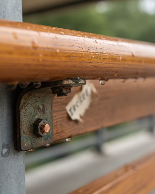 Medium-wide lateral crop along the underside of a covered public ramp handrail after rain, not showing a generic corrido
