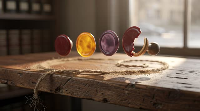 Airy medium-wide crop of a covered civic archive packing ledge after rain, focused on several blank wax seals with no em