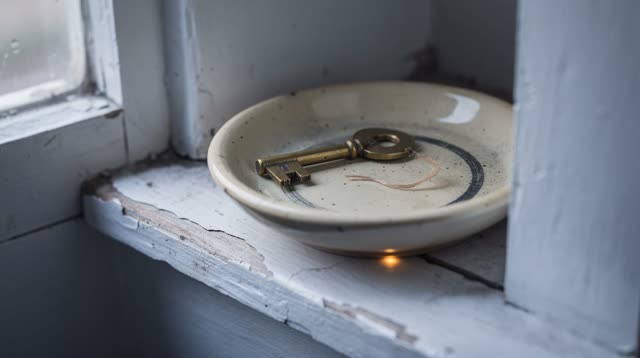 Medium-close oblique crop inside a public hall clock-service niche after rain, focused on a small dull brass clock key r