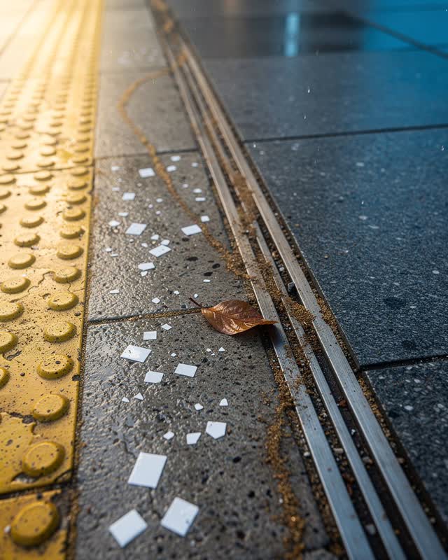 Medium-wide oblique crop along a covered curb edge outside a public entrance after rain, focused on infrastructure rathe