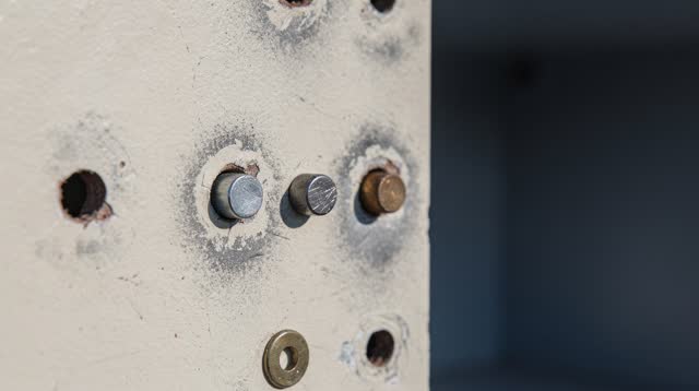 Medium-close oblique crop inside the side wall of a public supply cabinet after rain, focused on three mismatched shelf