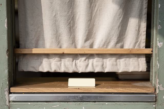 Medium vertical crop of a community kitchen pass-through after rain; a faded oatmeal fabric privacy panel is being gentl