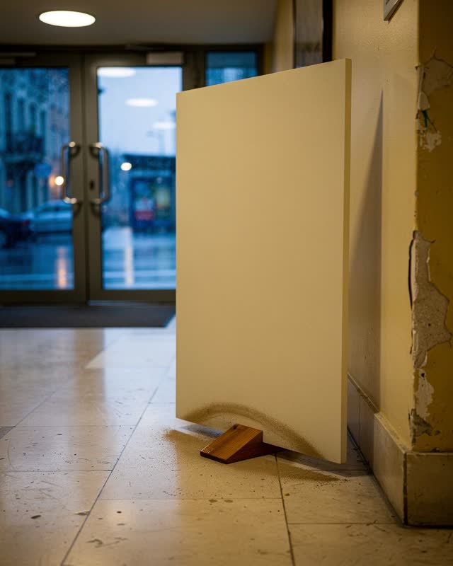 Low wide asymmetric crop inside a municipal map vestibule after rain, just inside a public entrance; the room is dry, wh