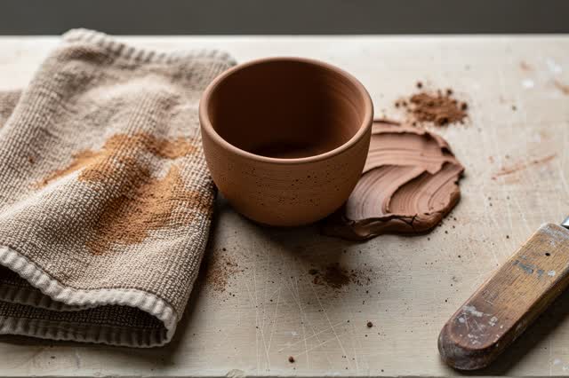 Low medium-close crop on a public pottery studio drying ledge after rain. One unglazed terracotta cup rests off-center b