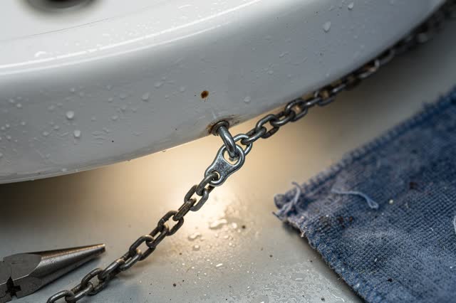 Near-macro low crop under the edge of a public washroom basin after rain, focused on a dull chrome drain plug chain bein