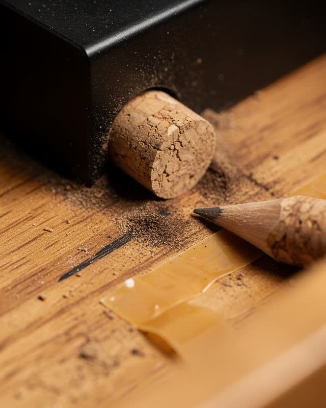 Tight low asymmetric crop inside the corner of a public display drawer after rain, focused on a small tan cork bumper sl