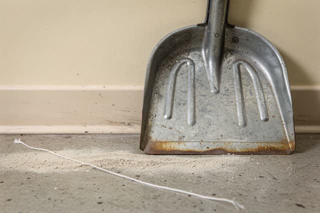 Low close horizontal crop at the base of a public janitor shelf after cleaning, with no closet or room visible. A worn g