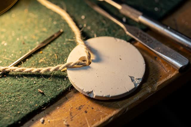 Near-macro diagonal crop on a public cloakroom maintenance pad after rain, focused on a worn blank coat-check token bein
