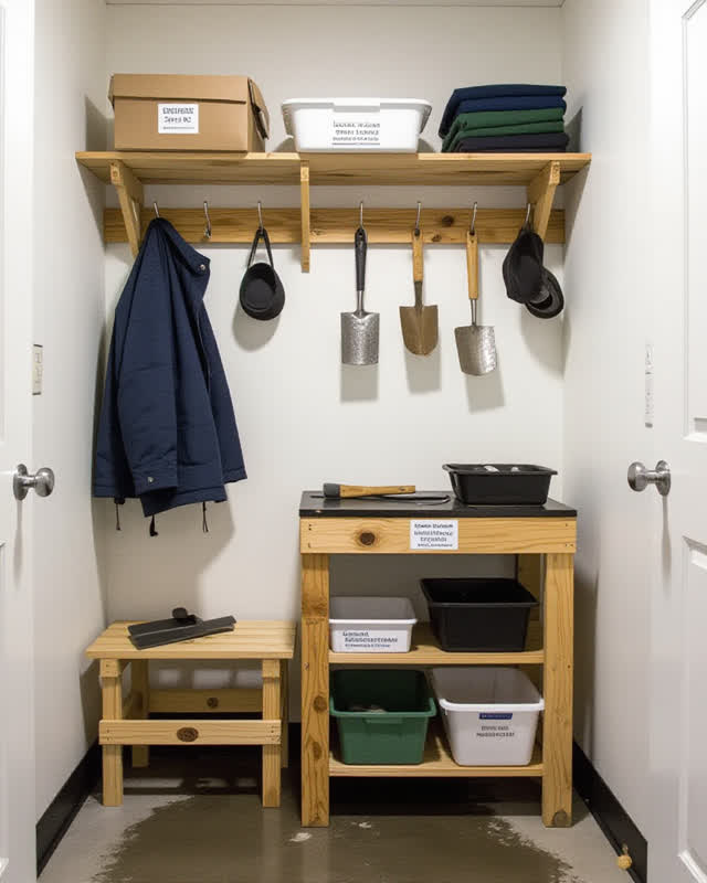 Medium-wide doorway-route view inside a public community back room after rain, integrating coat drying, tool checkout, a