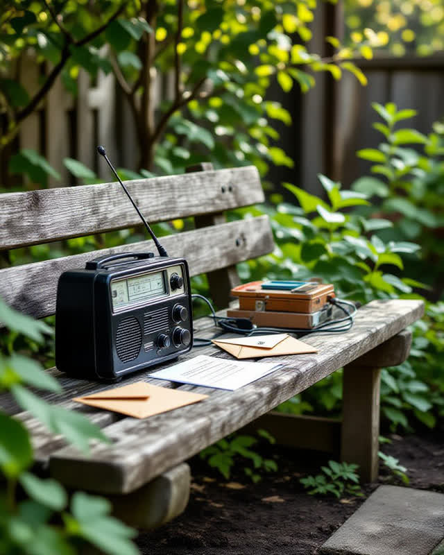 Medium-wide lateral view of a covered community garden radio workbench after rain. Along one weathered gray wooden bench