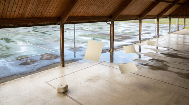 Airy wide view inside a covered public sports pavilion after rain; the roofed court edge is dry, while wet outdoor court