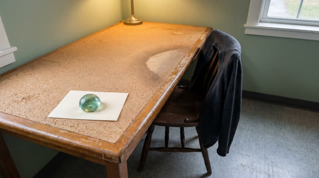Medium-wide three-quarter crop of a small public intake alcove after rain, calm but not sterile. A worn cork-topped desk