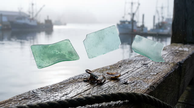 Airy vertical crop at a covered harbor notice rail in early blue morning after rain. Three translucent sea-glass colored