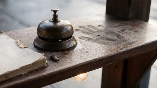Medium-close side-oblique crop of a public volunteer dispatch shelf after rain, focused on a tarnished brass service bel