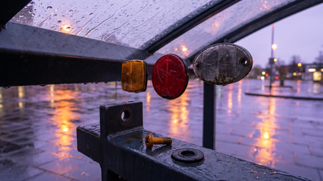 Airy low diagonal crop at a covered curbside bike shelter after rain, focused on several mismatched bicycle reflectors h