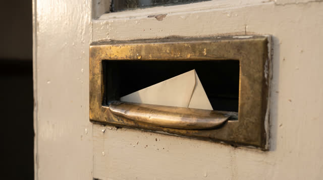 Medium-close horizontal crop of a public community mailroom door edge after rain, focused on a worn dull-brass mail slot