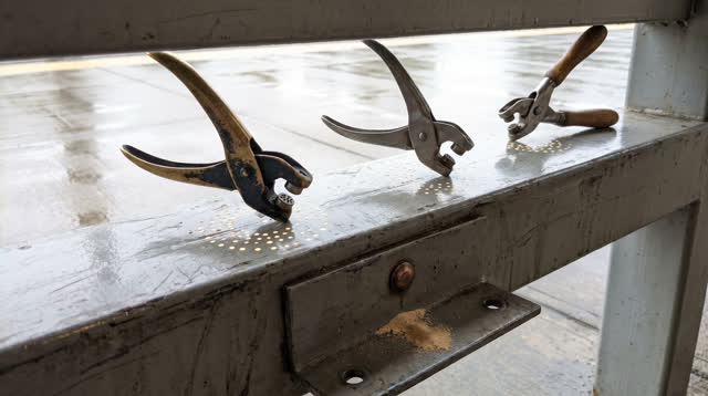 Airy medium-wide low diagonal crop at a covered civic queue rail ledge after rain, open to bright wet pavement beyond. T
