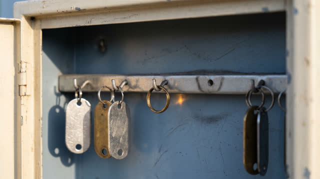 Medium-close oblique crop inside a public facilities key cabinet after rain, focused on mismatched blank metal key tags
