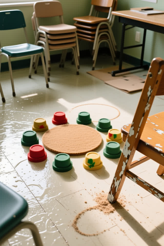 Overhead-oblique medium-close crop of a bright community craft room floor after rain, after chairs have been stacked awa