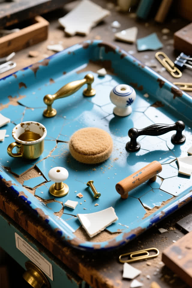 Overhead medium-close crop of a chipped blue enamel salvage tray in a public workshop after rain. Several mismatched dra