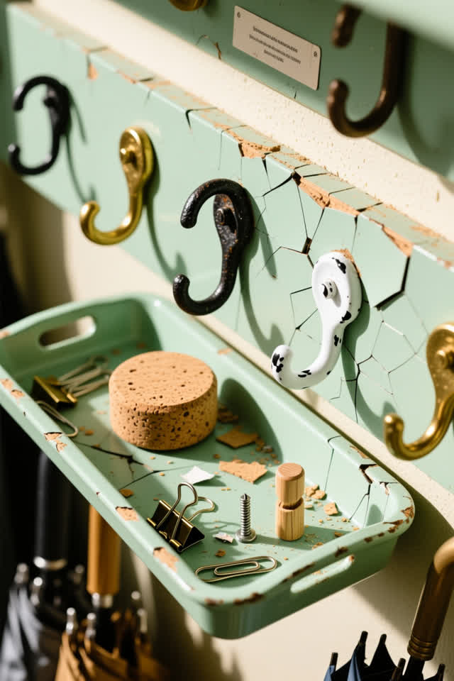 Overhead close crop of a chipped pale green hardware sorting tray for a community coatroom repair after rain. Several mi