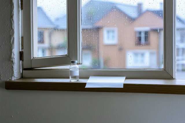 Restful medium-close view inside a neighborhood water-testing room after rain; one sealed clear glass vial with no label