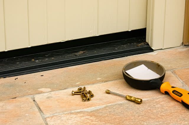 Near-macro low horizontal crop at a community hall side entrance threshold after rain. A black rubber door sweep is bein