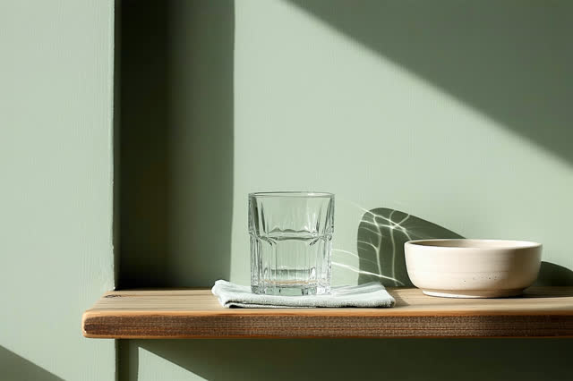 Restful low medium-close crop on a small public reading nook sink shelf after rain. One clean thick drinking glass dries