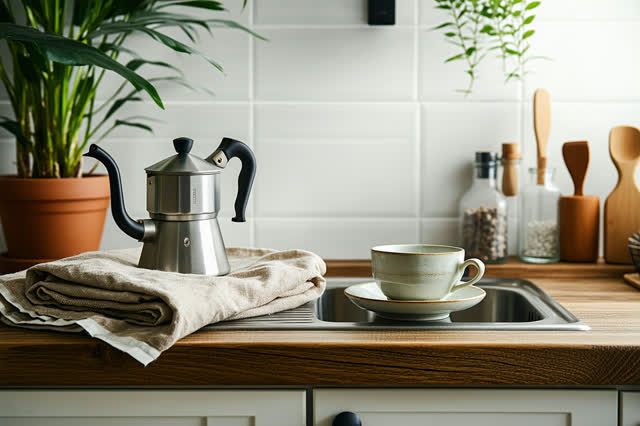 Restful low close crop on the drainboard edge of a small public tea station after rain. A brushed steel kettle sits off-
