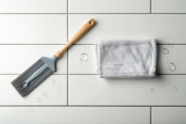 Low close horizontal crop along a public shower-room tile edge after cleaning. A soft gray rubber squeegee rests blade-d