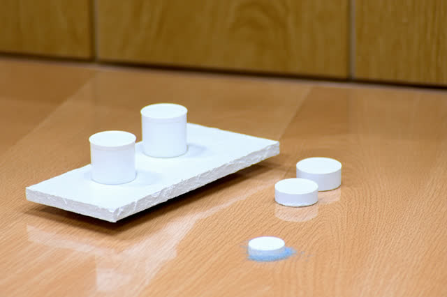 Low close horizontal crop on a public washroom tile-repair shelf after cleanup, with no sink, floor, or room visible. A