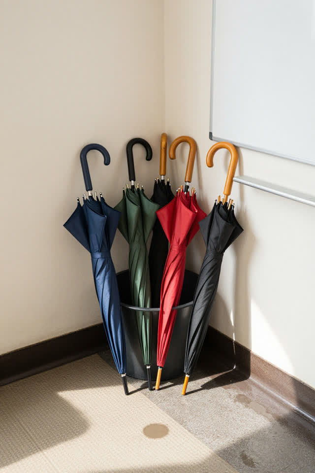 Medium-wide overhead-oblique crop of a bright lost-and-found corner beside a public recreation desk after rain. Four mis