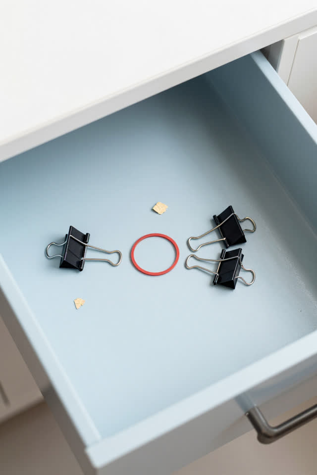 Overhead close crop of a bright volunteer supply drawer pulled halfway open after rain. Several mismatched binder clips