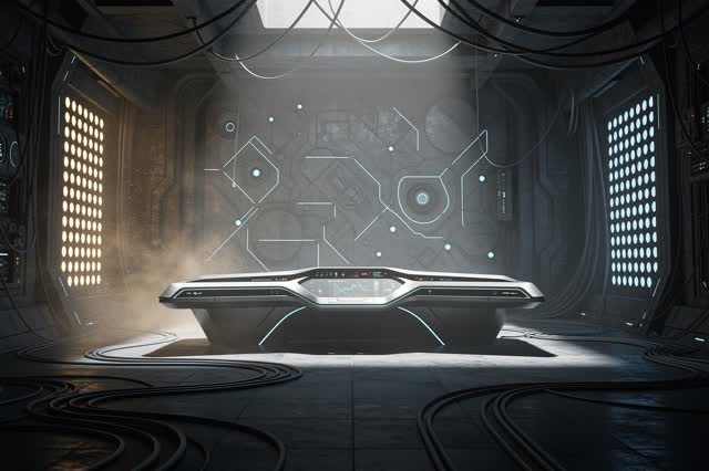 An atmospheric interior landscape shaped by private, progress, refresh, with visual cues of switchboard glow, silent das