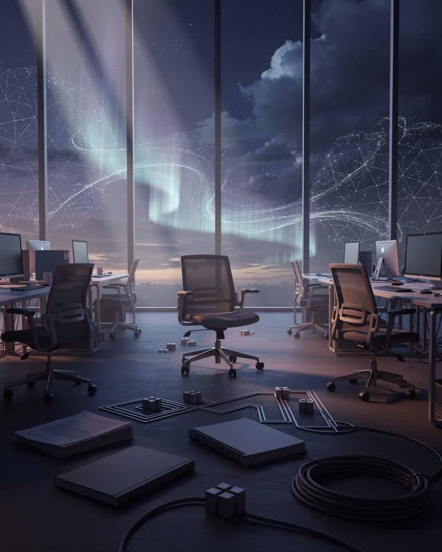 A single striking composition shaped by open, completion, configured, with visual cues of after-action calm, network wea