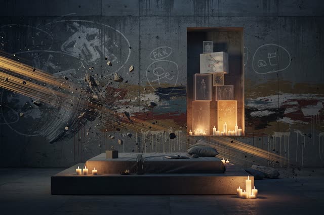 A surreal but emotionally coherent tableau shaped by home, legacy, mode, with visual cues of late lamp glow, palimpsest