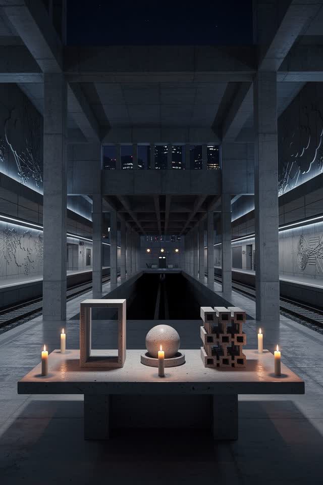A surreal but emotionally coherent tableau shaped by open, completion, configured, with visual cues of night office, net