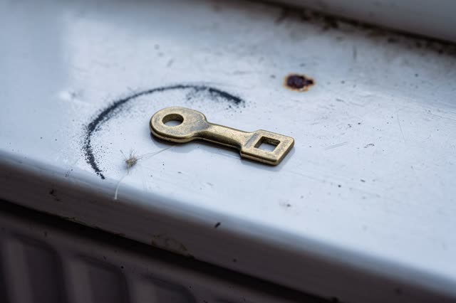 Low horizontal side crop on a public radiator service ledge after maintenance, with no room view. A small dull brass rad