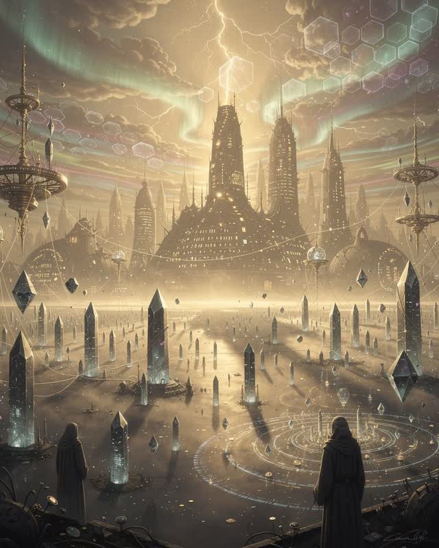 A surreal but emotionally coherent tableau shaped by reports, returned, status, with visual cues of telemetry horizon, s