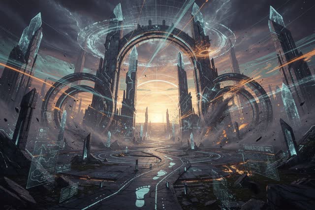A symbolic cinematic scene shaped by gates, guidance, inactive, with visual cues of telemetry horizon, signal map, prese