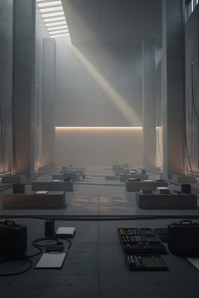 An atmospheric interior landscape shaped by service, maintenance, showed, with visual cues of kept notes, telemetry hori