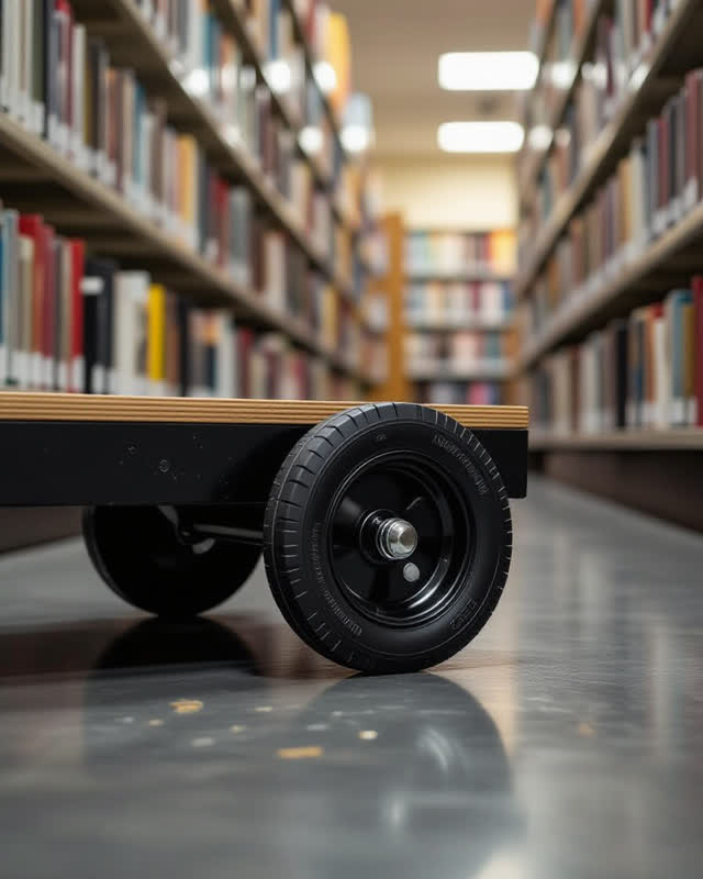Low underside lateral crop of a public library book-cart caster after rain, with no books or full aisle visible. A black