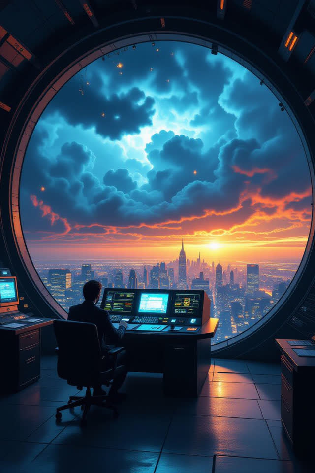 A surreal but emotionally coherent tableau shaped by telegram, trading, tunnel, with visual cues of control room, switch