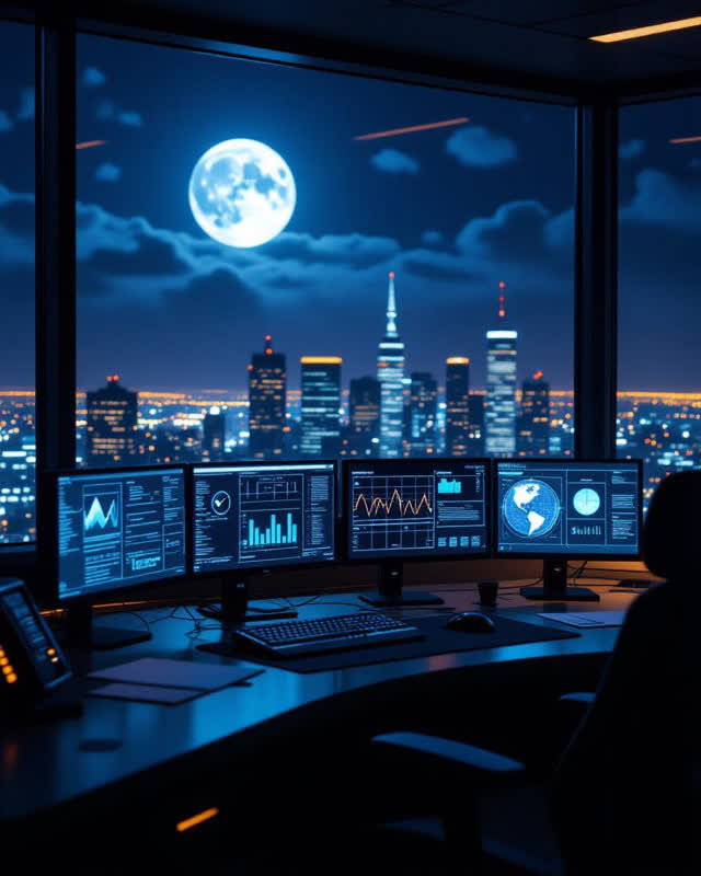 A symbolic cinematic scene shaped by treat, unloaded, updated, with visual cues of night office, control room, network w